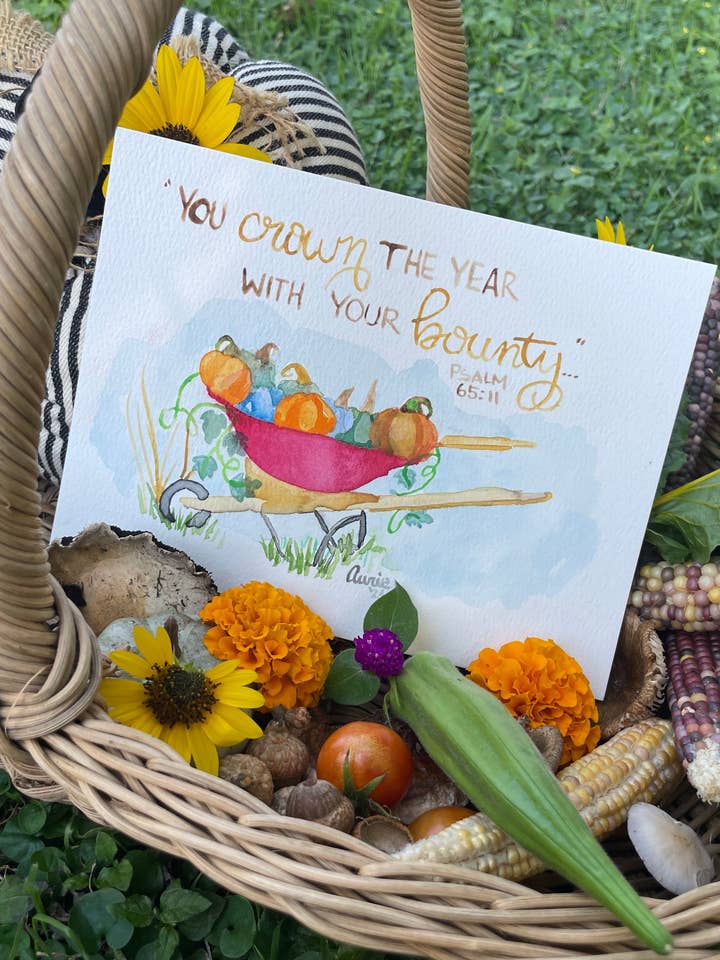 Autumn Abundance – Psalm 65:11 Watercolor Pumpkin Print for wholesale by Sonshine Paperie
