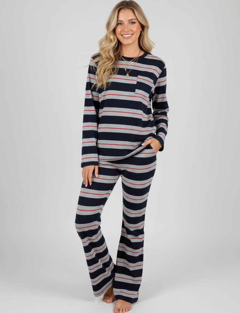 Navy blue Ladies Multi Color Striped Round Neck Top & Pants Set for wholesale on Faire1