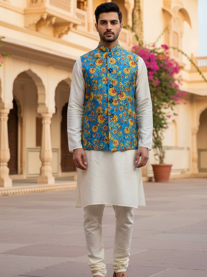 Königsblaues Herren-Nehru-Jackett mit Blumenmuster und elfenbeinfarbenem Kurta-Pyjama für den Großhandel von Masculine Moda