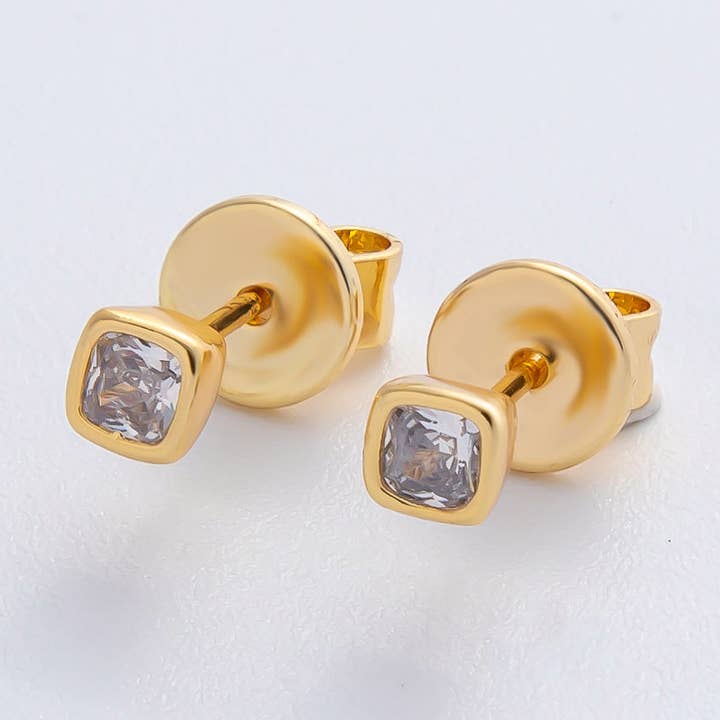 18K Gold Filled 3mm Clear CZ Square Bezel Stud Earrings | AD1616 for wholesale by Aim Eternal