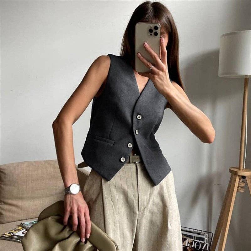 UZ Wholesale Store - Wholesale Kostuum - Dames - Effen gekleurd vest met V-hals en westernbroekpak met rechte pijpen10