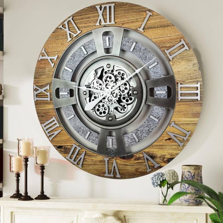HORLOGE MURALE RONDE ENGLAND LINE 24 POUCES EN BOIS ET PIERRE pour la vente par The Gears Clock