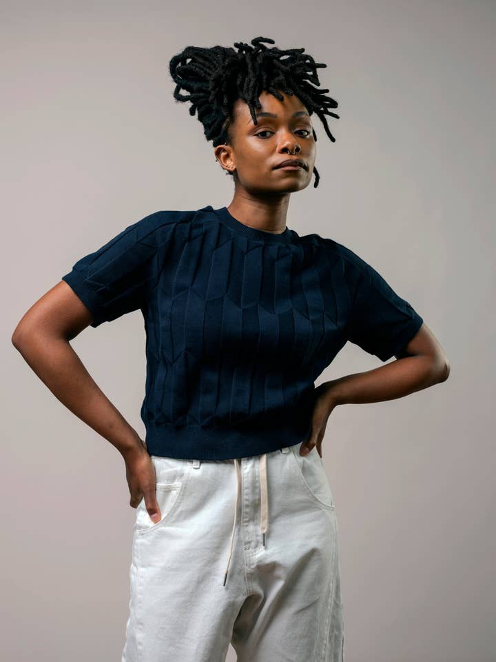 Chevron Ruben Tee - Lobelia for wholesale by The Endery