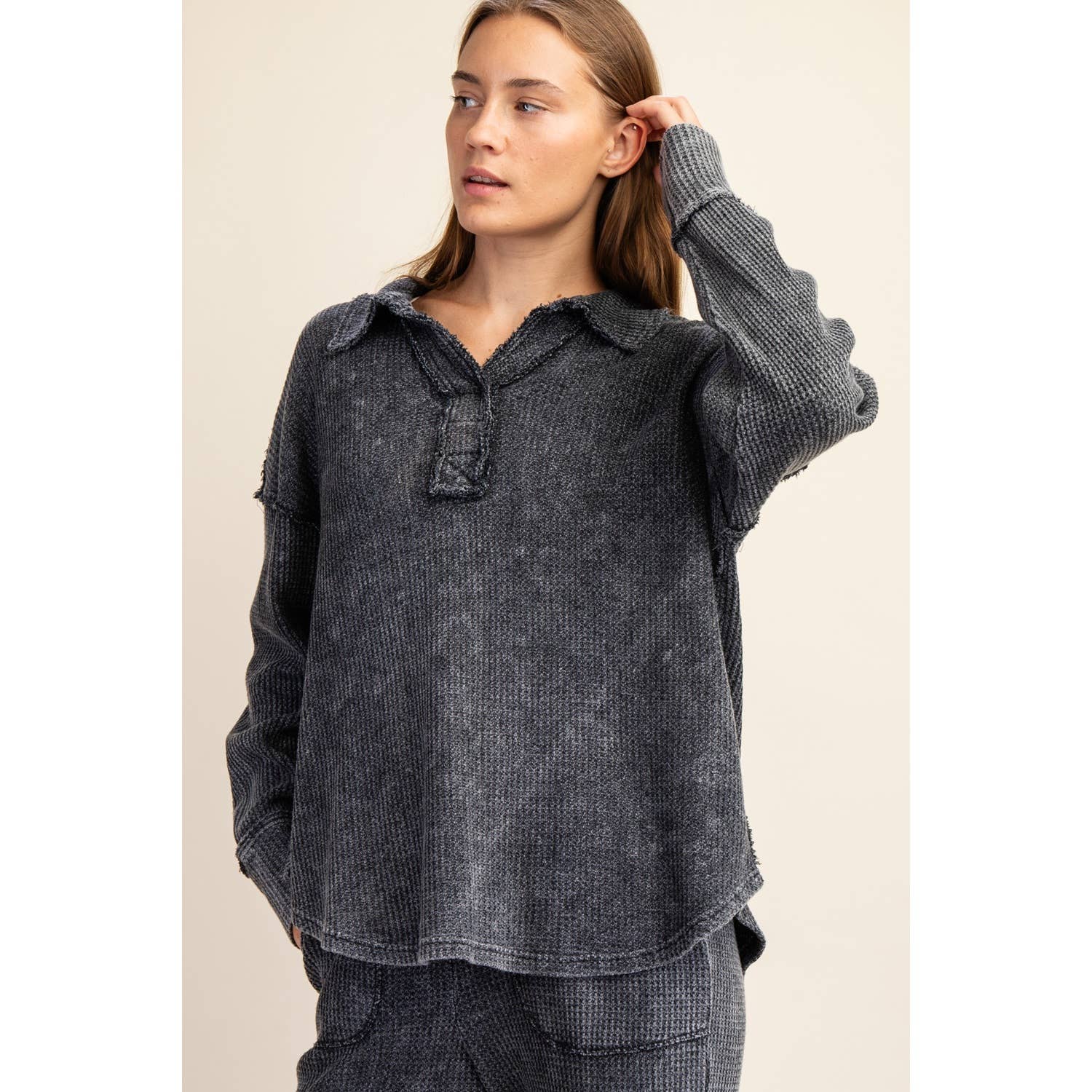 Rae Mode - Wholesale Athletic Top - Women's - MINERAL WASHED WAFFLE POLO SWEATSHIRT22