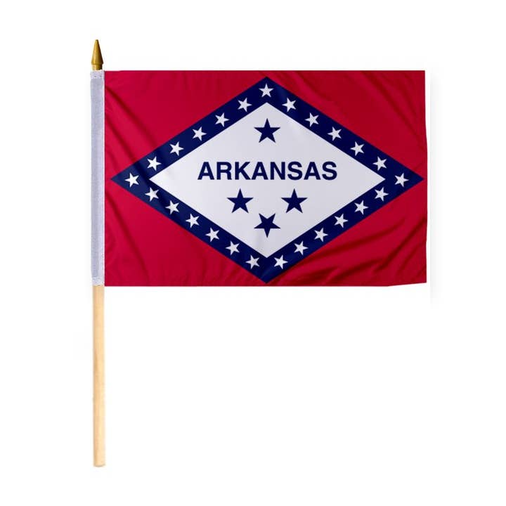 AGAS Arkansas State Stick Flag 12x18 inch - 24" Wooden Pole for wholesale by AGAS MFG INC