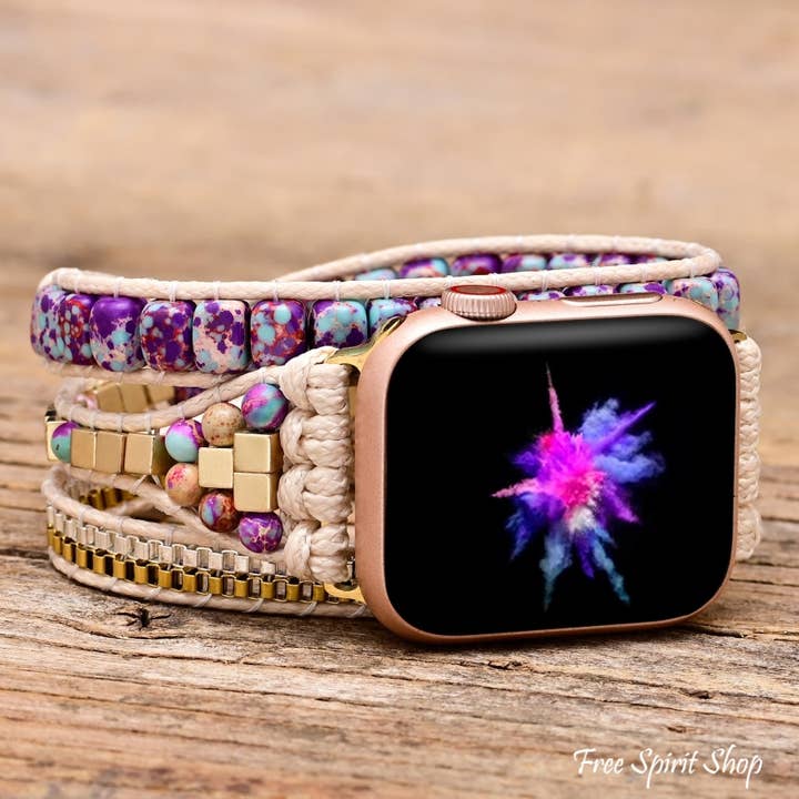 Purple Jasper & Gold Bead Apple Watch Band for wholesale by Free Spirit Shop