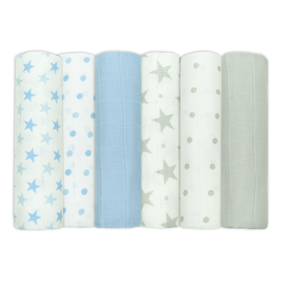 Muslinz - MerryGoRoundUK Ltd - Wholesale Spuuglapje - Baby - MuslinZ 6 stuks katoenen mousseline doeken - Sterrencombinatie13