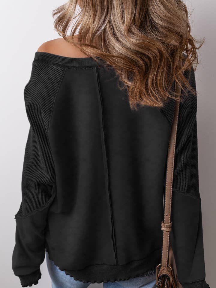 Suhkasana - Wholesale Sweatshirt - Women's - Solid Waffle Knit Patchwork Raglan Sleeve Sweatshirt