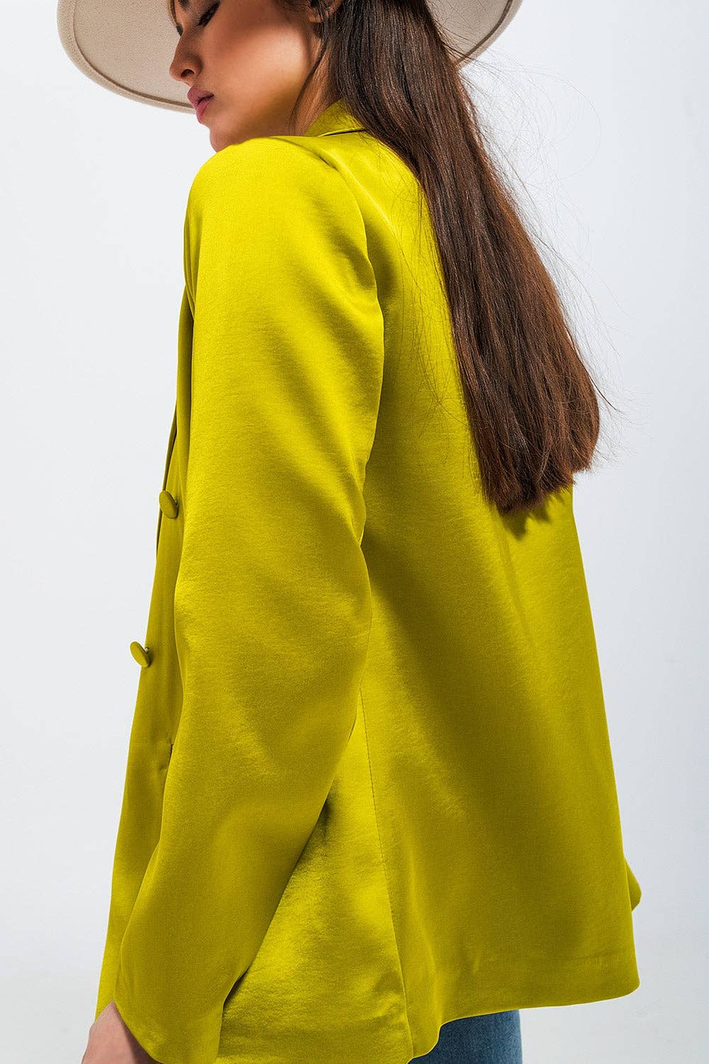 Double breasted satin blazer in lime green for wholesale on Faire5