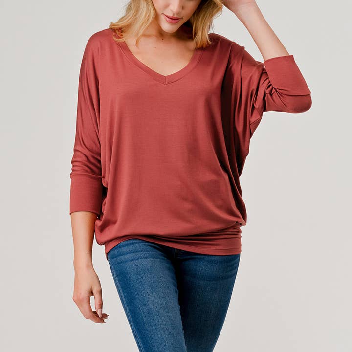 Heimious - Wholesale Knit Top - Women's - 3/4 Dolman Sleeve V-neck Modal Jersey Top, 257386