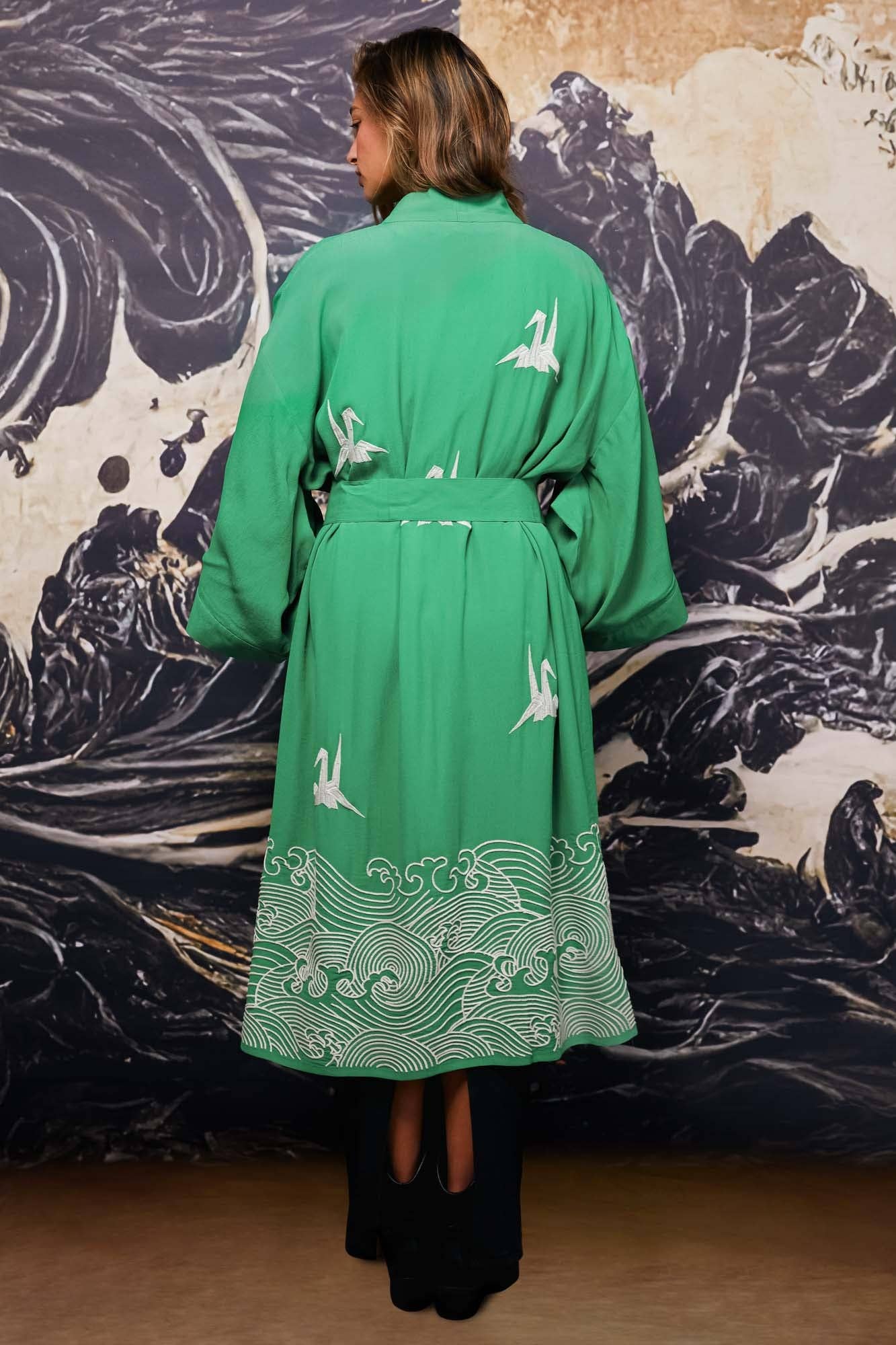 Artemis Muse – wholesale Kimono – Women's – Origami and Hokusai Wave Embroidered Fully Lined Island Green Long Kimono4