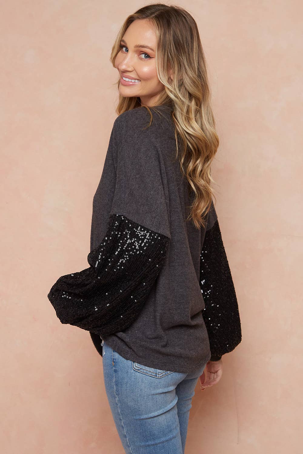 lovely melody – Túnica - Mulher por atacado – TÚNICA DE MANGA BALÃO DE LANTEJOULAS COM DECOTE LMT2869-V10