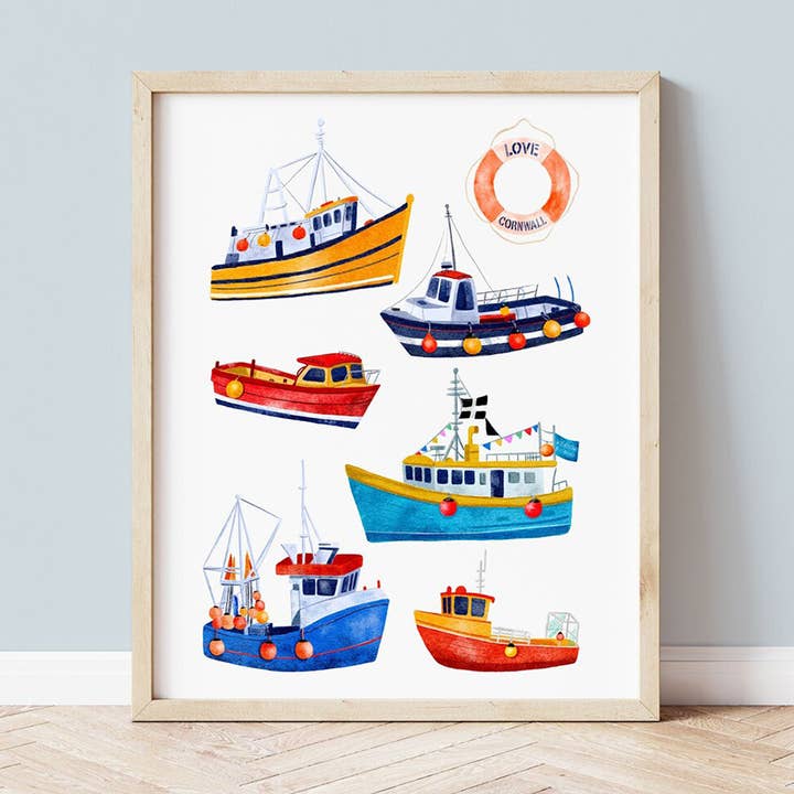 Cornish Fishing Boats Watercolour Art Print for wholesale by Sarah Whittle Illustration