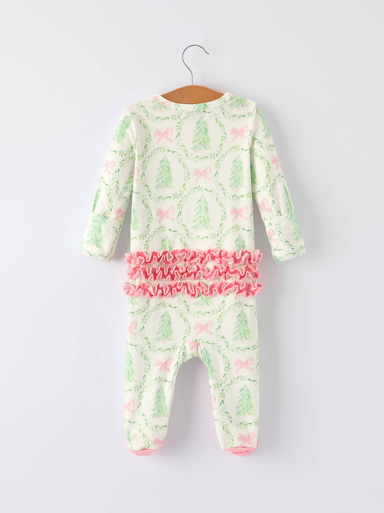 Rylee Faith Designs - Vente Barboteuse – bébé - Combinaison à manches longues avec fermeture éclair et imprimé de couronne d'arbre de Noël pour bébé fille5