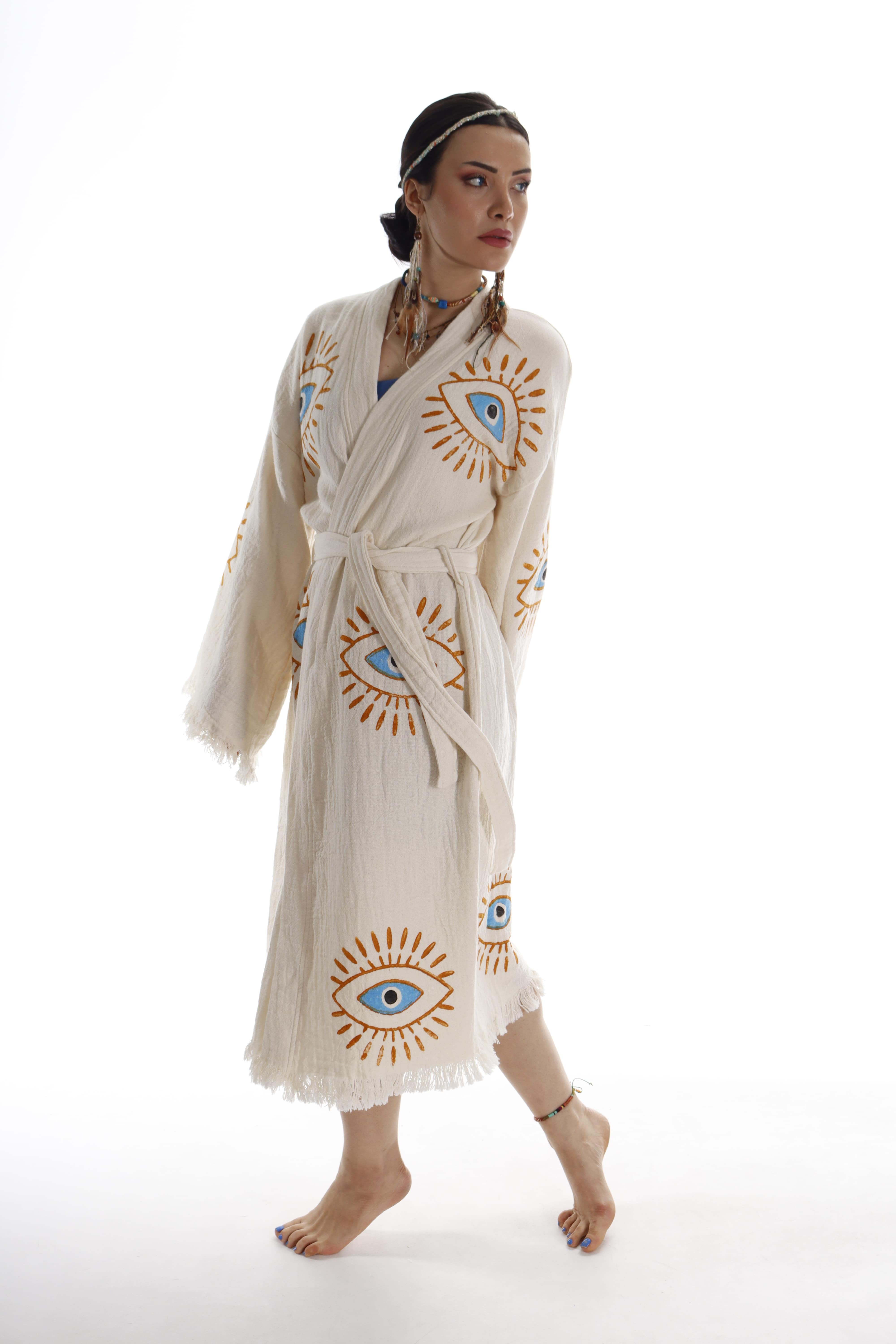 Beige Evil Eye Handmade Cotton Kimono Robe - Eco-Friendly for wholesale on Faire5