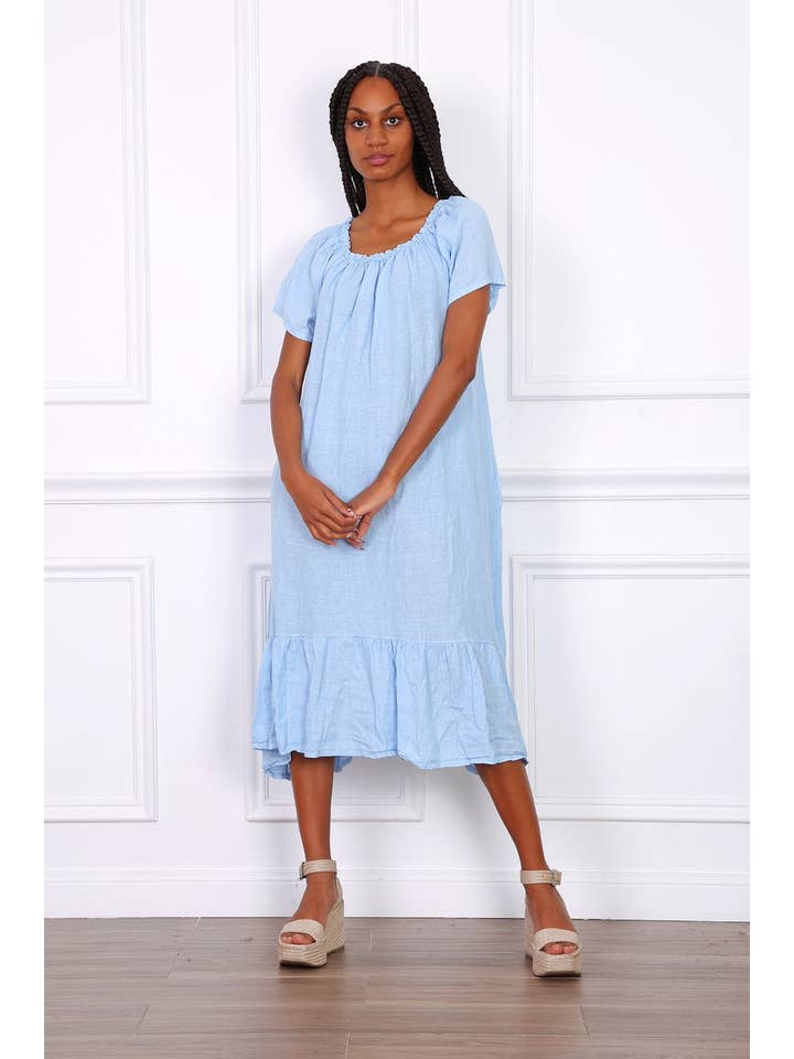 Happy look - Wholesale Dress - Women's - Long Linen Dress with Short Sleeves and Elastic Collar5