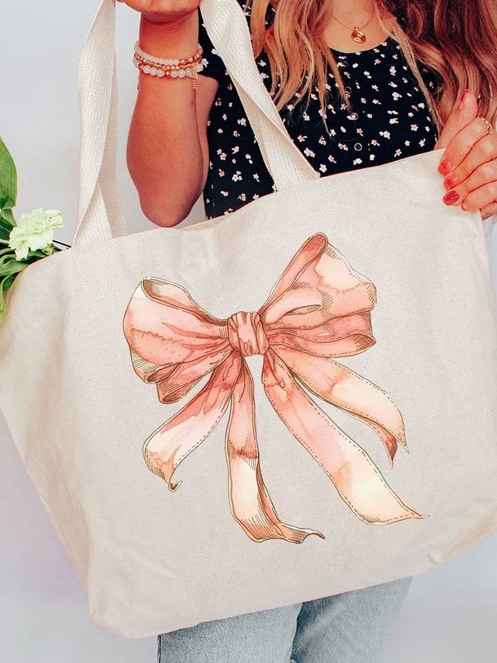 Peach Watercolor Bow Canvas Jumbo Tote for wholesale by Wholesale Accessory Market