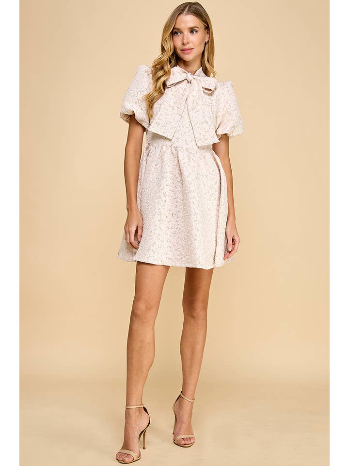 TCEC - Wholesale Dress - Women's - CD05250-Jacquard Puff Sleeve Pussy Bow Detail Dress