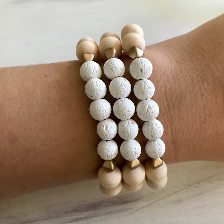 Miss Lou Makes - Wholesale Aromatherapy Bracelet - White Lava Stone and Wood Aromatherapy Bracelet6