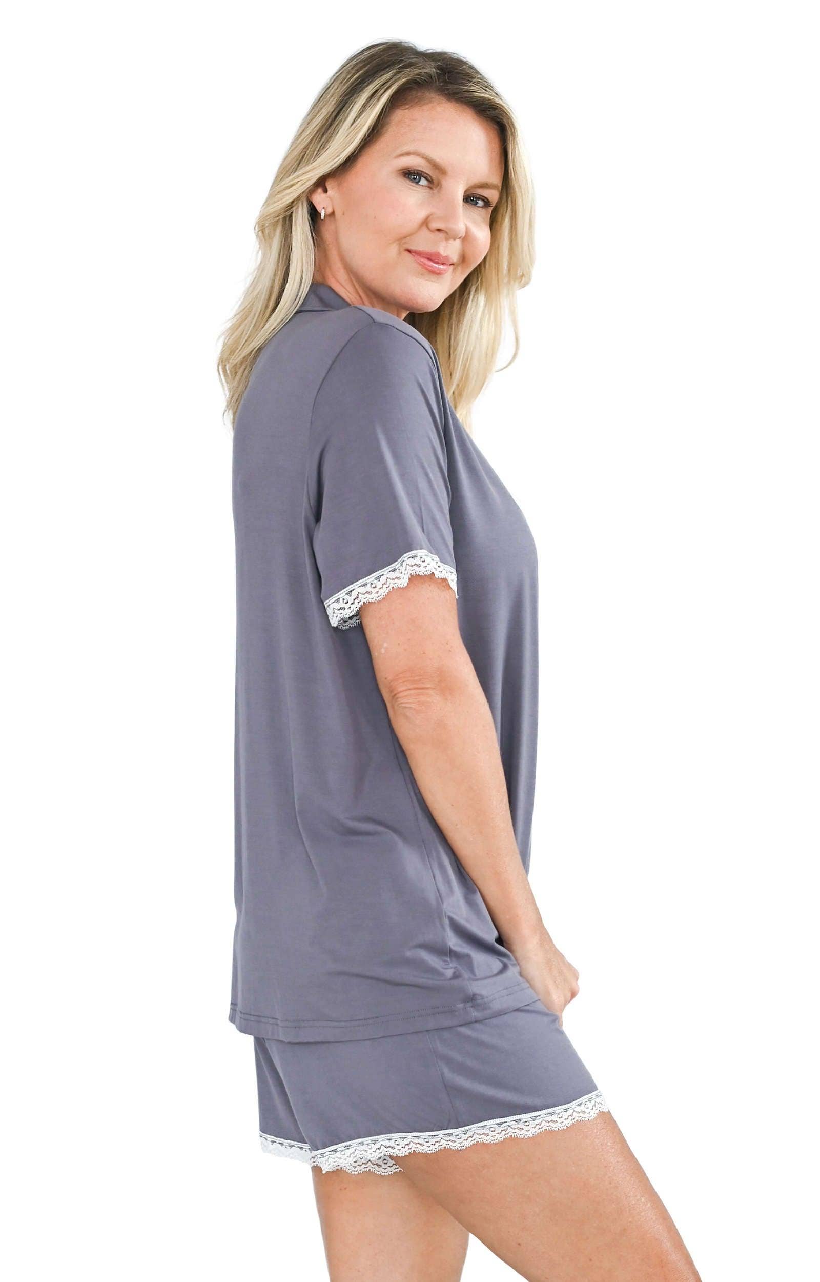 Shapeez - Vente Haut et bas de pyjama – femme - Ensemble de pyjama court en bambou pour femmes avec dentelle3