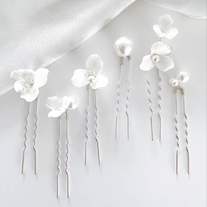 Nicholls Jewellery - Wholesale Hair Pin - Porcelain Flower and Pearl 6 pin set2