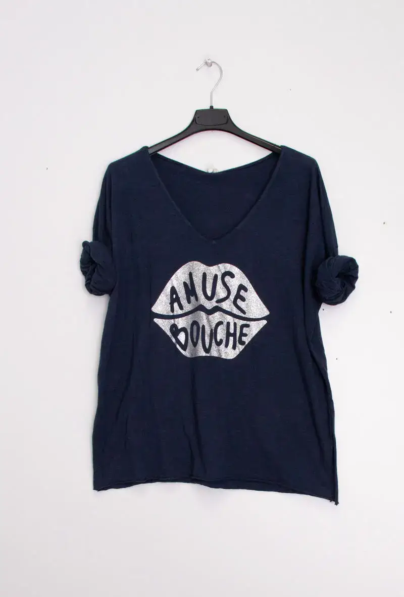 Mimi & Gogo - Vendita all'ingrosso Maglietta serigrafata - Donna - T-shirt con bocca verde « amuse bouche »1