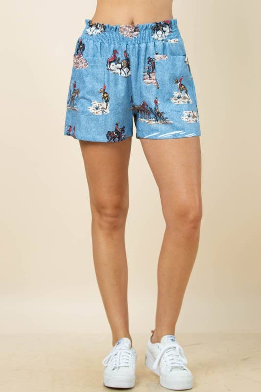 AP1312-MARA WESTERN DENIM PRINT SMOCK WAIST WOVEN SHORTS for wholesale on Faire2