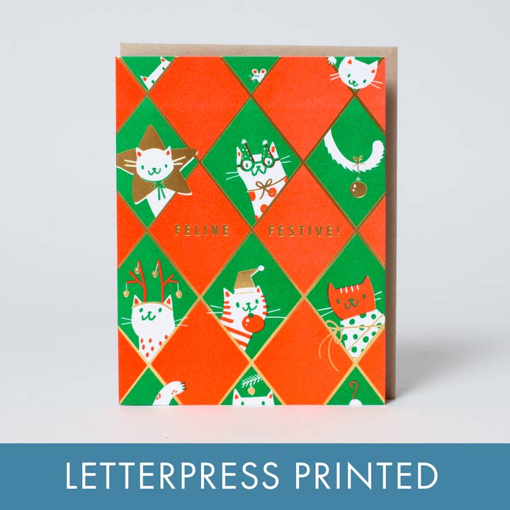 Feline Festive Holiday Letterpress Card by Hello!Lucky for wholesale by Egg Press Manufacturing