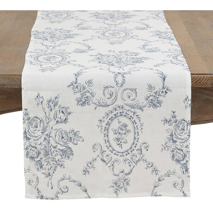 Fennco Styles - Wholesale Table runner - Indigo Toile Floral White Pure Linen Table Runner1