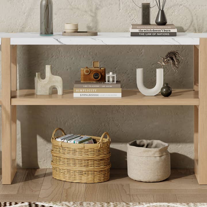 Orange County Decor - Wholesale Console Table - Retro Elegant Console Table With Marble Effect Top And Versatile Storage Solutions For Entryway And Living Room Natural Natural Solid Wood Mdf1