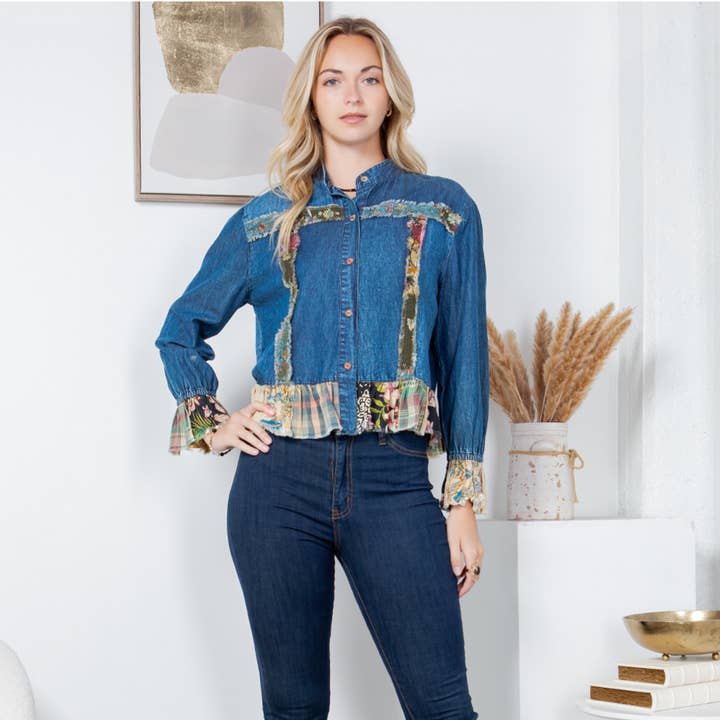 Western Boho Chic: Patch Pocket Cropped Denim Jacket for wholesale by Young Threads