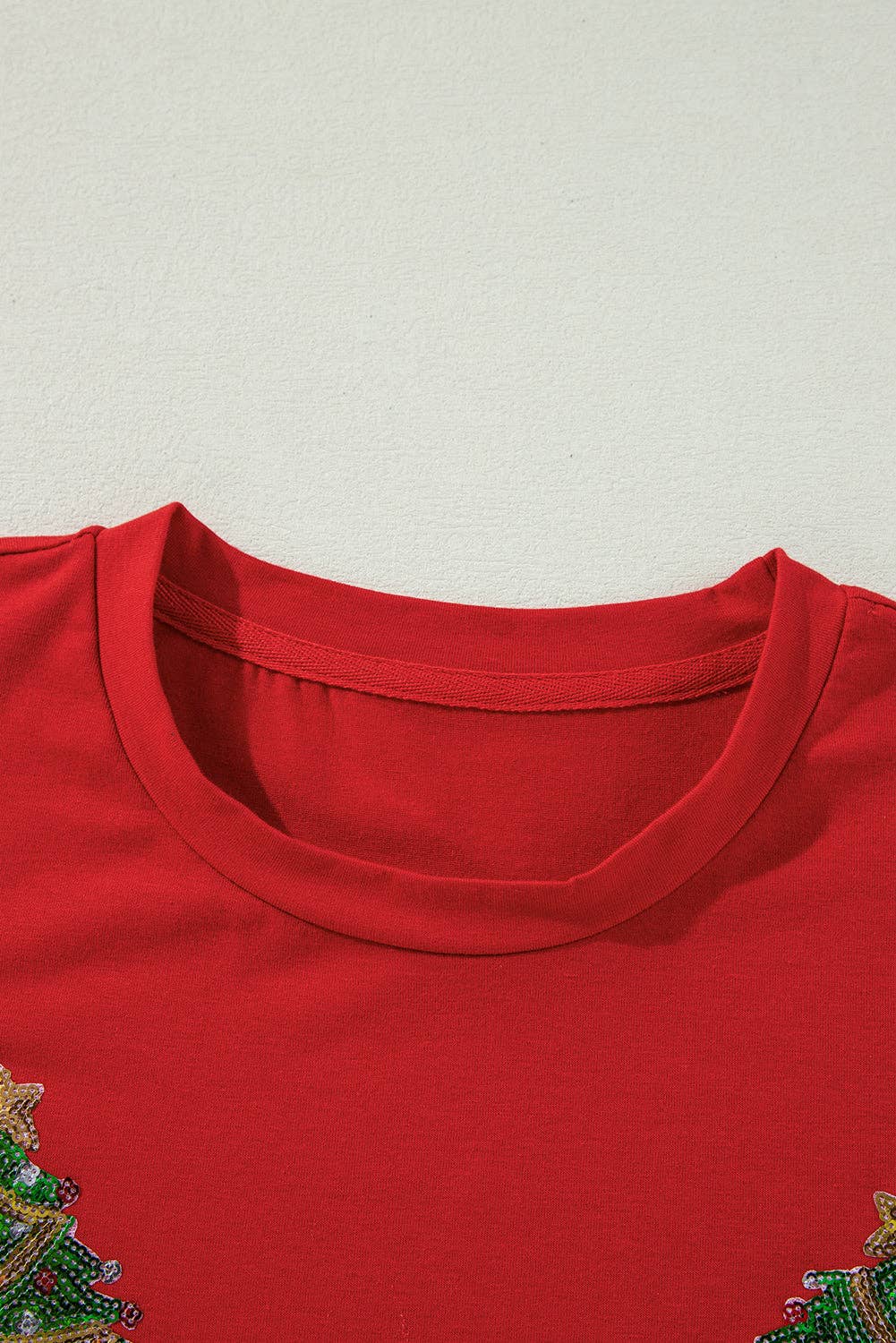 Sequin Christmas Tree Holiday Graphic Red Crewneck Tee for wholesale on Faire13
