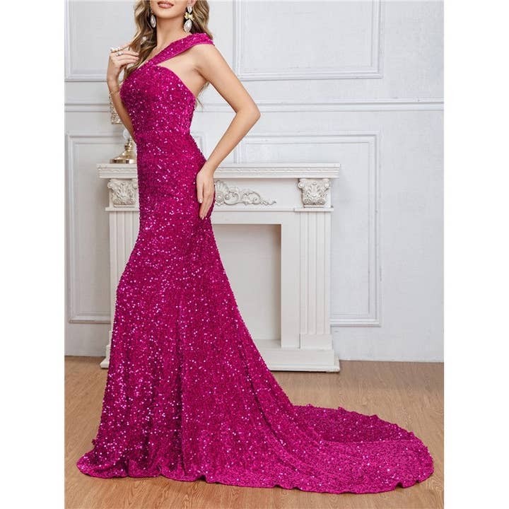 ROSE RED Solid Color One-Shoulder Sleeveless Sequin Backless Train Maxi Dress Gown for wholesale on Faire