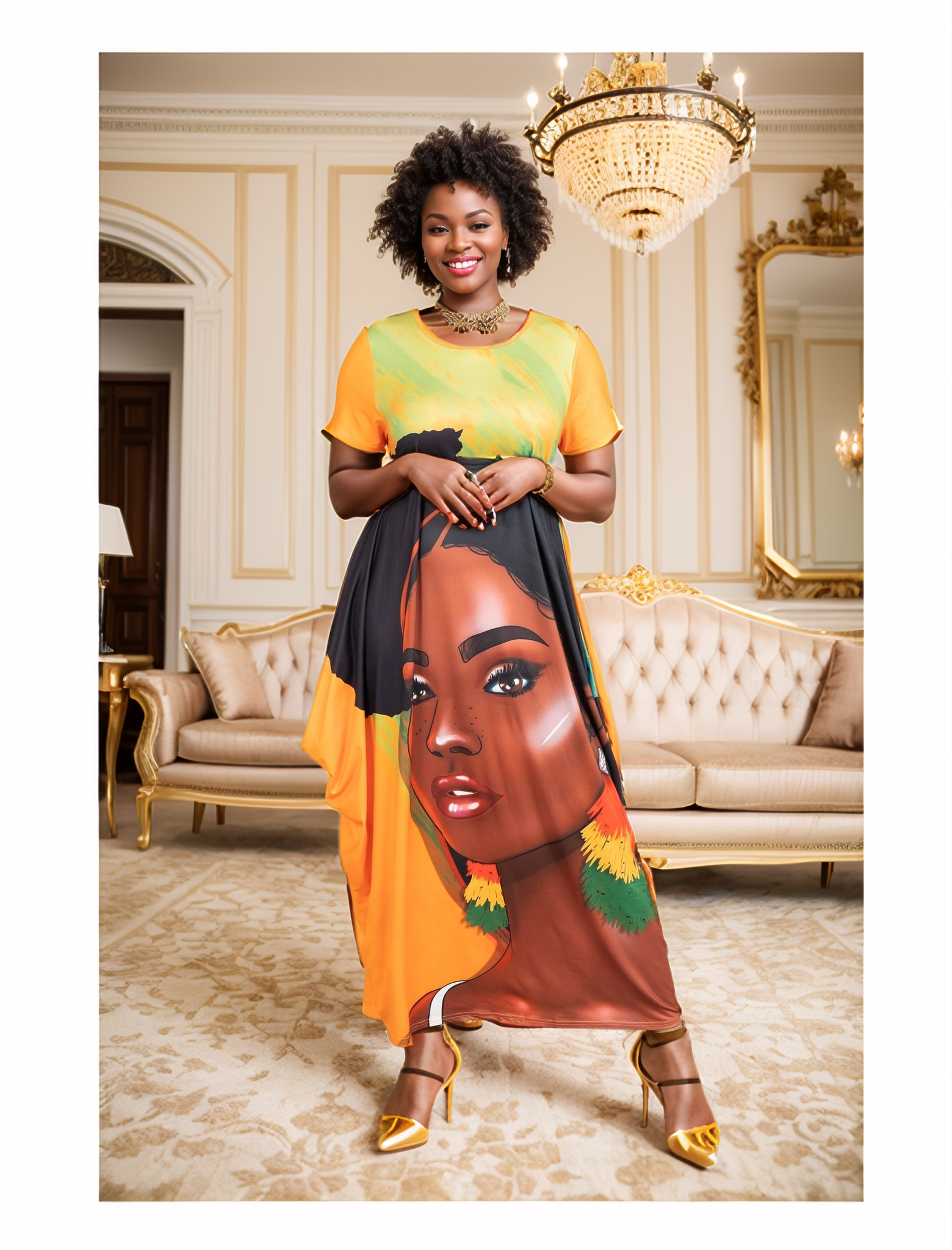 Orange 22162 Face-Print Rasta Ears Face Maxi Dress - One Size for wholesale on Faire0