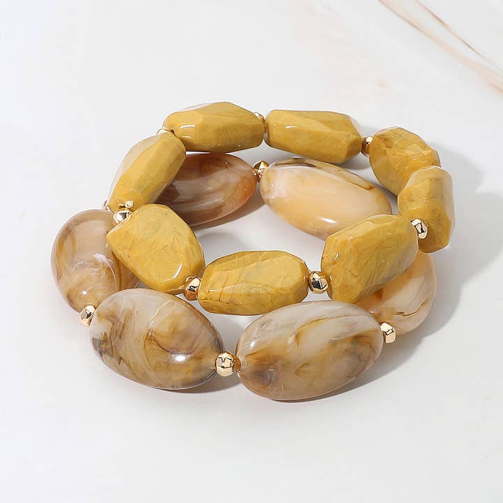 Sensibling Corp. - Wholesale Beaded Bracelet - 2PCS - Chunky Oval Pebble Beaded Stretch Multi Layered Bracelets6