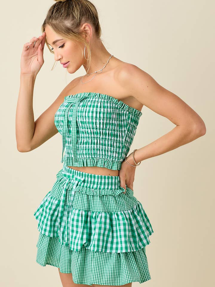 GREEN Mixed gingham tube top with ruffle short set for wholesale on Faire12