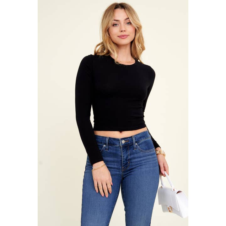 Popular 21 - Wholesale Knit Top - Women's - Crew Neck Long Sleeve Cotton Cropped Knit Top