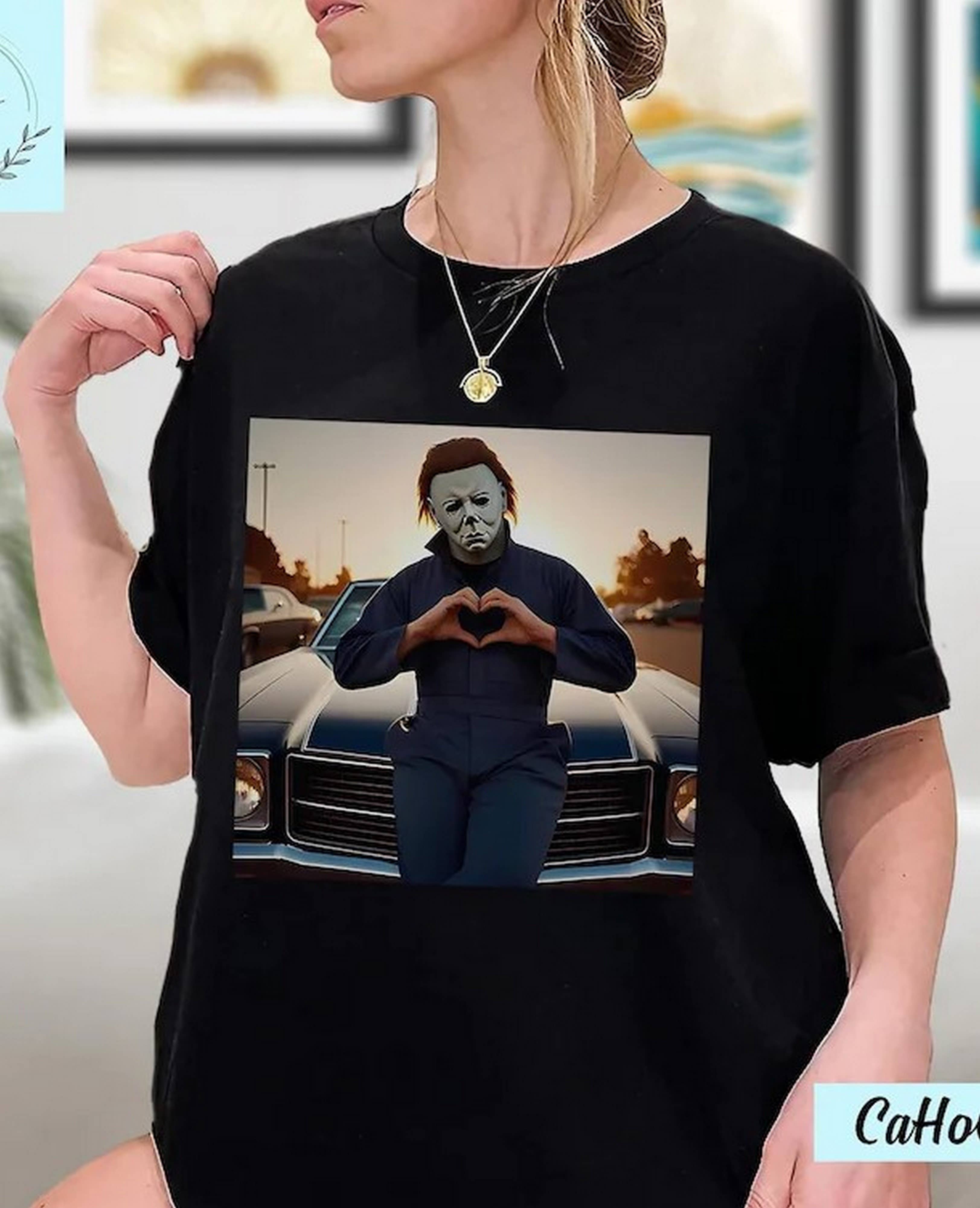Black Vintage Michael Myers Halloween Heart Hands Shirt, Retro Mic for wholesale on Faire0