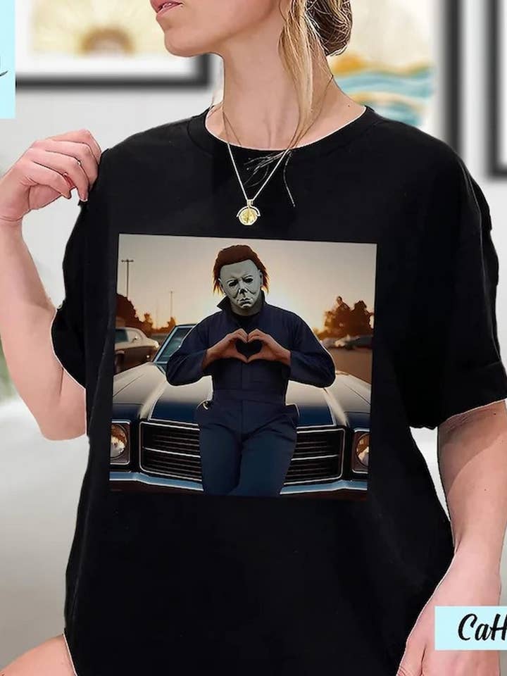 Black Vintage Michael Myers Halloween Heart Hands Shirt, Retro Mic for wholesale on Faire