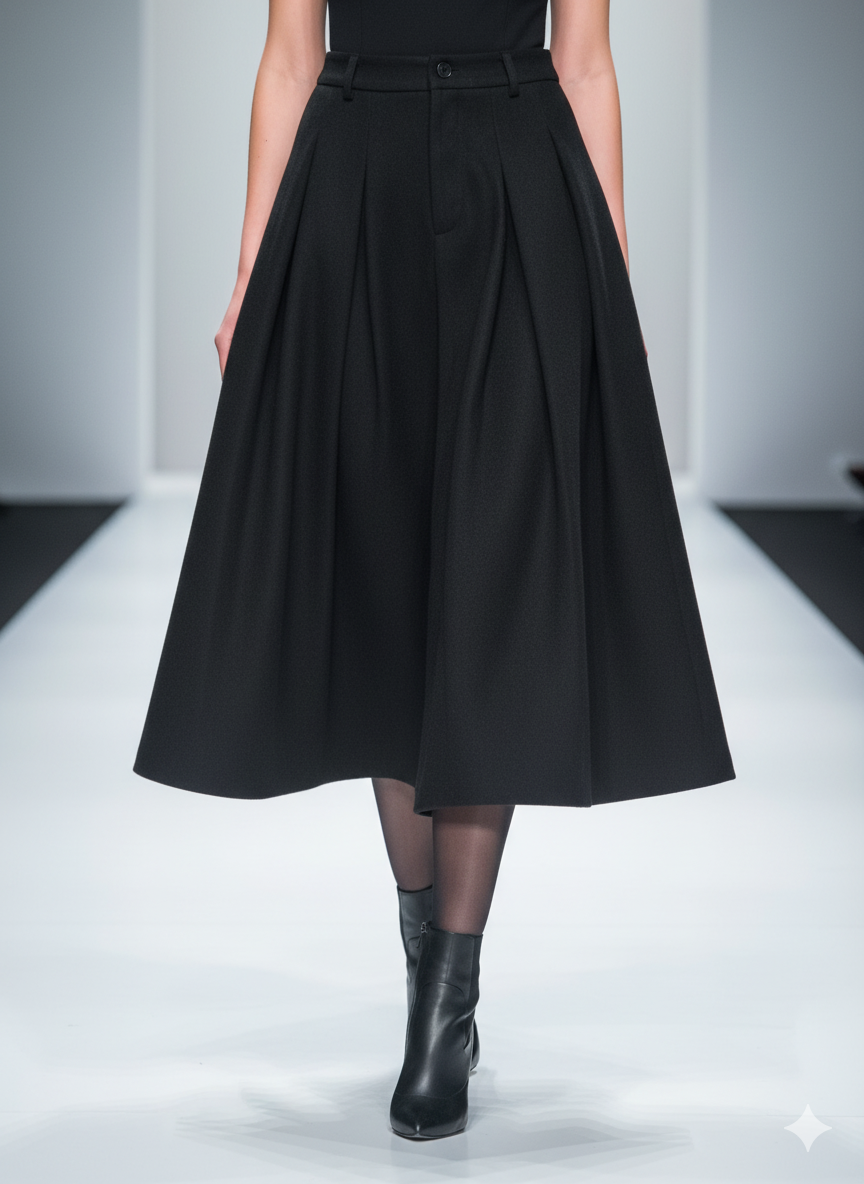 Black High Waist Pleated A-Line Skirt Wool Look Winter for wholesale on Faire1