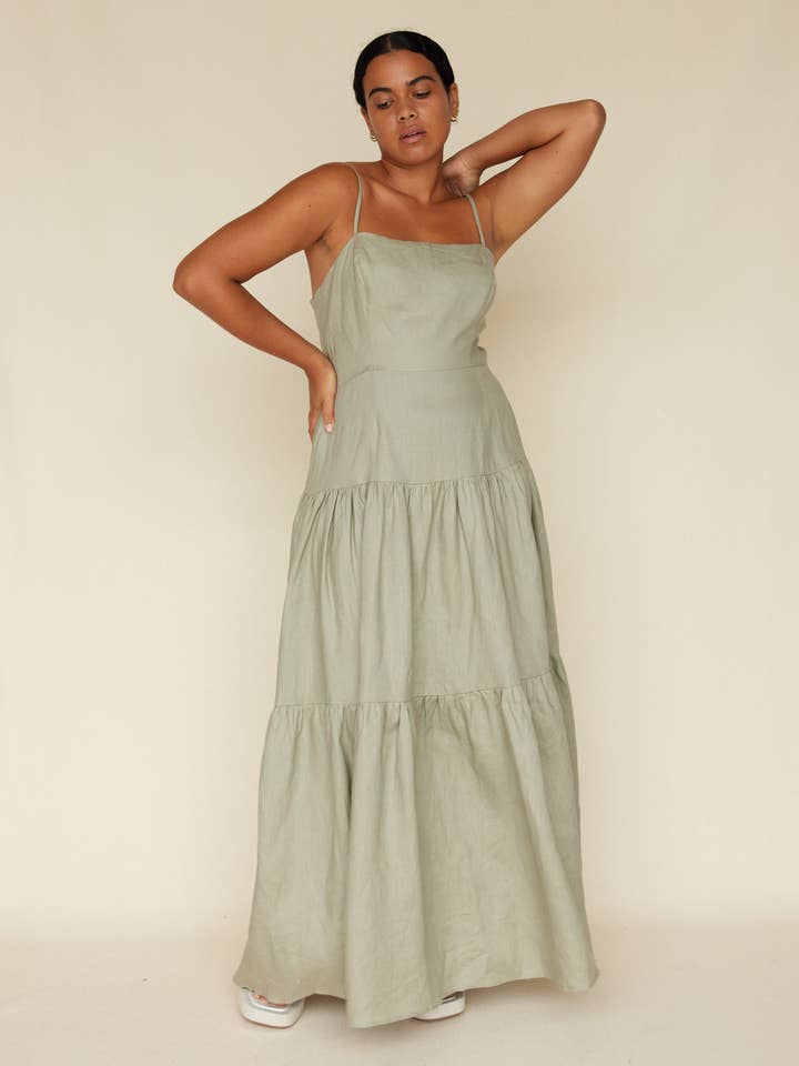 Sorrento Linen Maxi Dress - Sage for wholesale by Amelius
