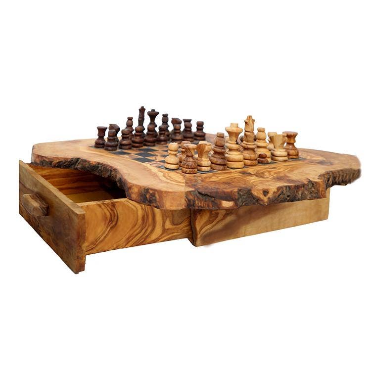 Oliveart – Engroshandel Brætspil – Skakbræt i oliventræ med én skuffe0