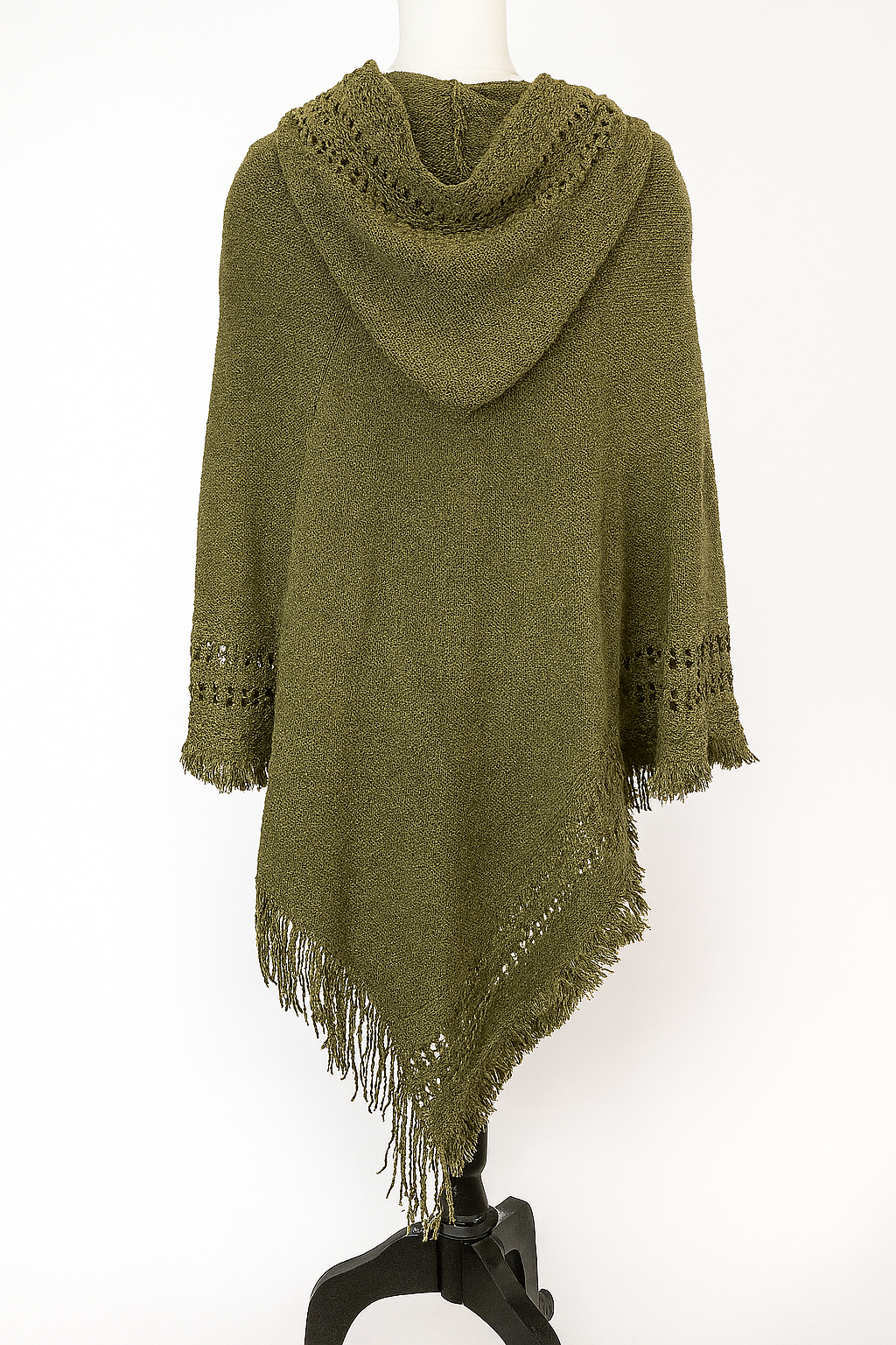 Fennco Styles – wholesale Poncho – Women's – Olive Green Fringed Lace Up Hooded Pullover Poncho 3