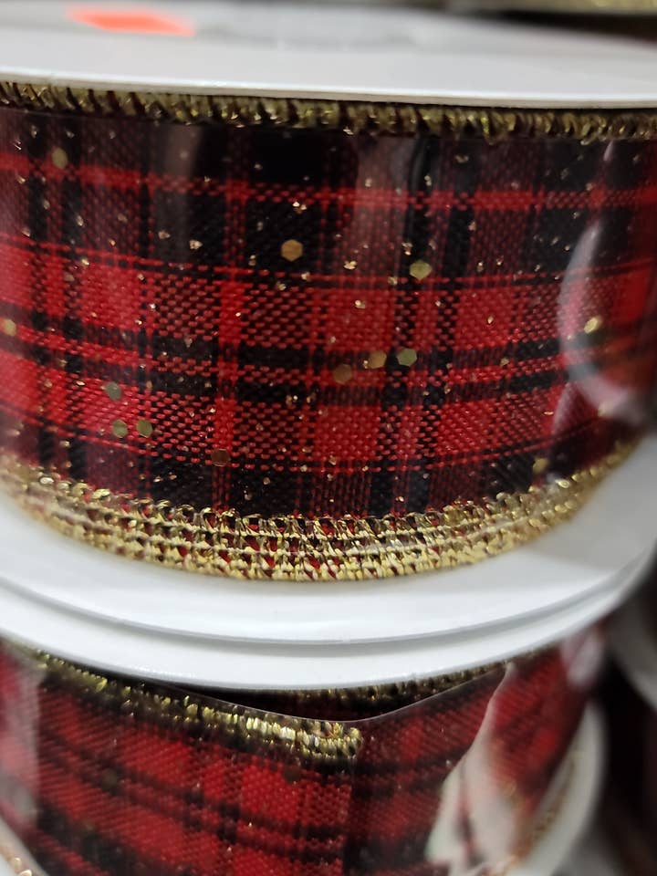 1.5"X10YD CHECK PLAID W/HEX GLITTER RED/BLACK/GOLD (AK) for wholesale by Waterman's Loft Inc.