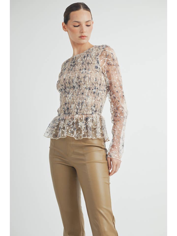 cream Sheer Smocked Embroidered Mesh Peplum Top for wholesale on Faire6