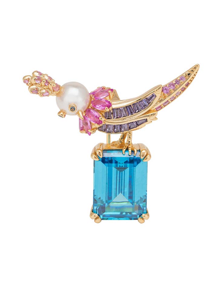Bird Of Paradise Pearl Brooch Blue Topaz Gold for wholesale by Latelita