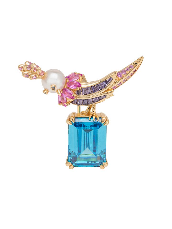 Bird Of Paradise Pearl Brooch Blue Topaz Gold for wholesale by Latelita