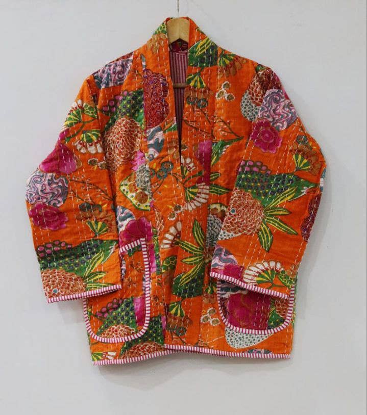 bhavnas boutique - Wholesale Jacket - Women's - Fruit Print Kantha Robe Kantha Jacket Handmade Kantha Coat4