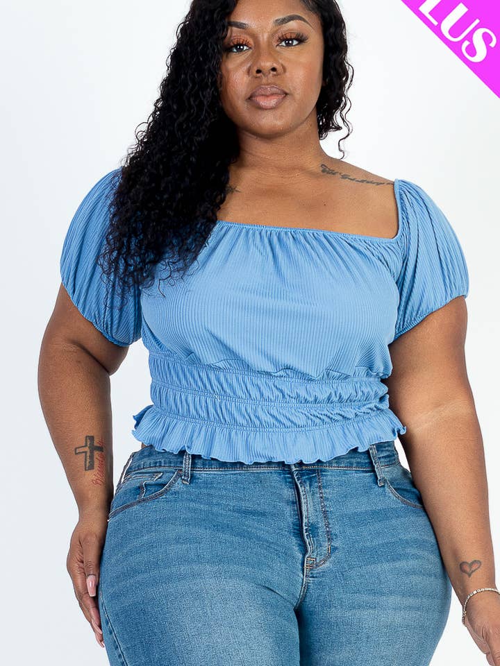 CAPELLA APPAREL - Wholesale Knit Top - Women's - Plus Size Casual Ruched Puff Sleeve Ribbed Knit Solid Top10