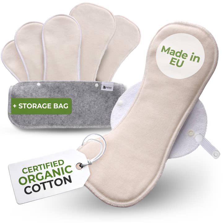 natissy - Wholesale Period underwear – Women’s - Organic Cotton Reusable Menstrual Pads with Wings 6-Pack (Sizes L & XL) - Natural Unbleached (white wings)1